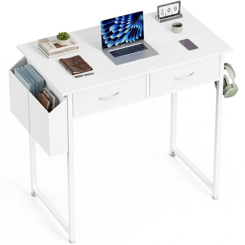 Scrivania moderna da ufficio con 2 cassetti integrati e gancio per cuffie per piccoli uffici domestici e camere da letto