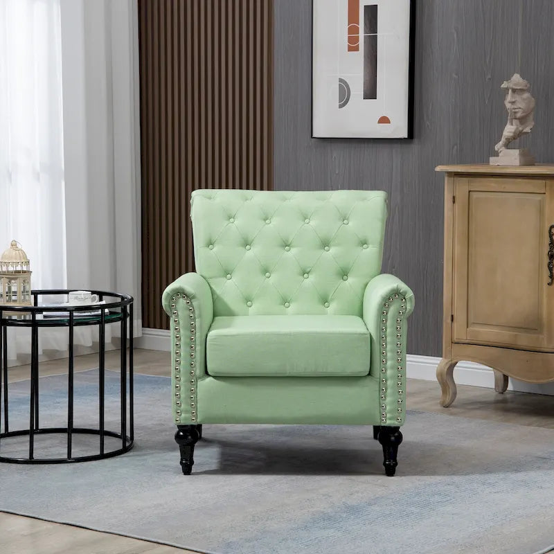 Poltrona di design di metà secolo, poltrona in lino con schienale trapuntato/gambe in legno