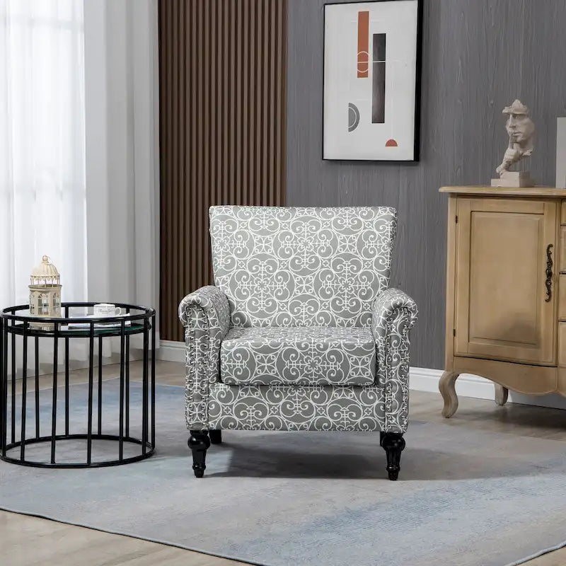 Poltrona di design di metà secolo, poltrona in lino con schienale trapuntato/gambe in legno