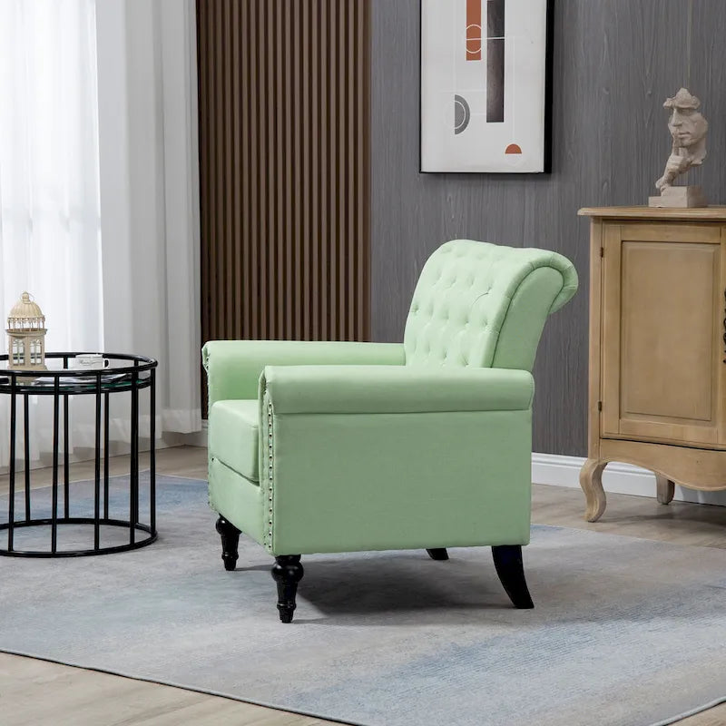Poltrona di design di metà secolo, poltrona in lino con schienale trapuntato/gambe in legno