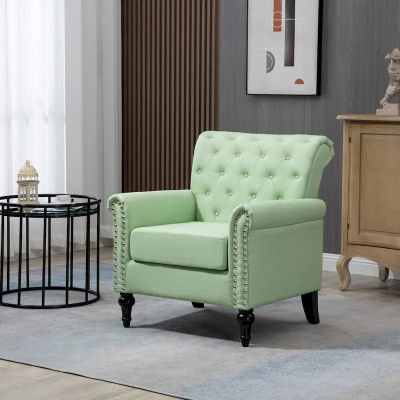 Poltrona di design di metà secolo, poltrona in lino con schienale trapuntato/gambe in legno