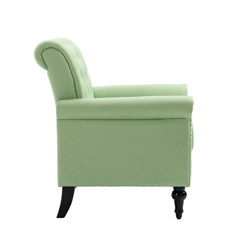 Poltrona di design di metà secolo, poltrona in lino con schienale trapuntato/gambe in legno