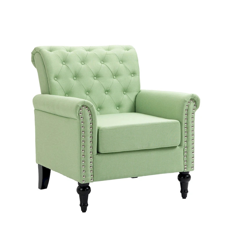 Poltrona di design di metà secolo, poltrona in lino con schienale trapuntato/gambe in legno