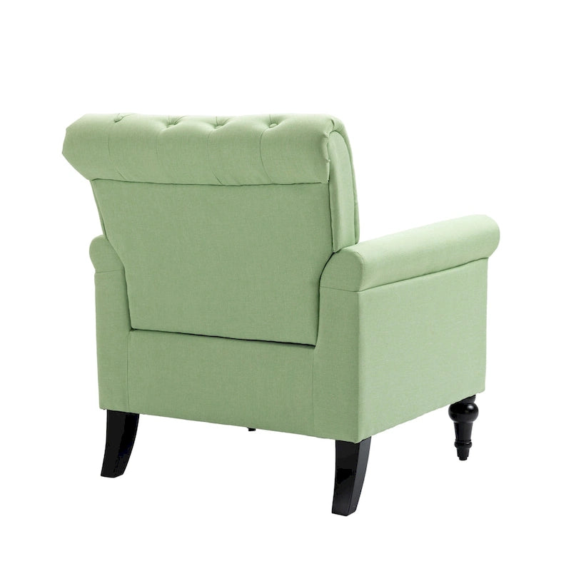Poltrona di design di metà secolo, poltrona in lino con schienale trapuntato/gambe in legno