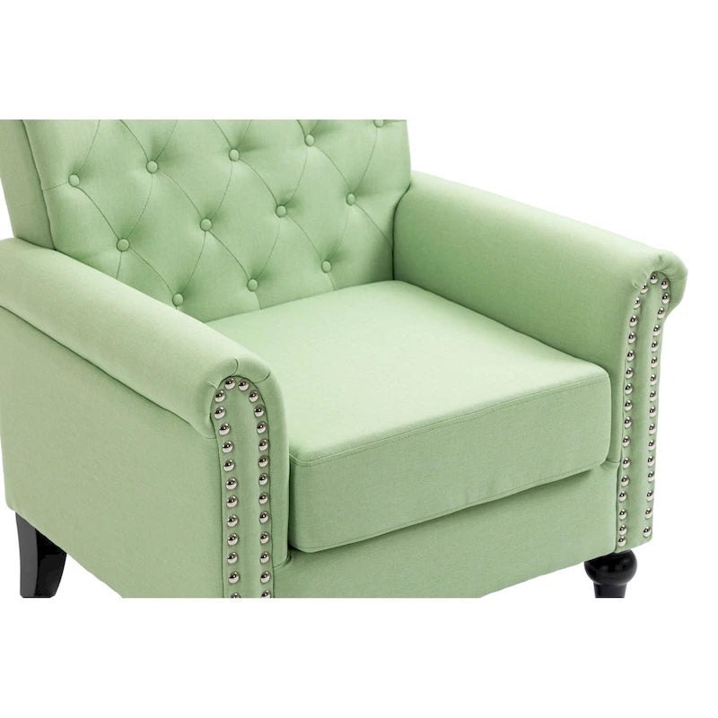Poltrona di design di metà secolo, poltrona in lino con schienale trapuntato/gambe in legno