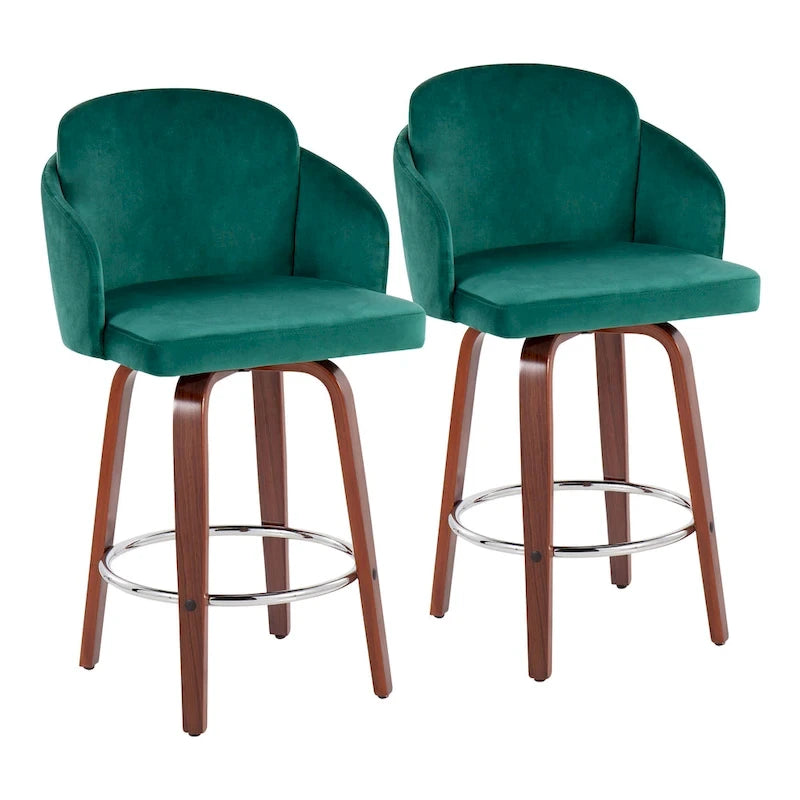 Sgabello da bancone rivestito Dahlia con gambe in legno di noce