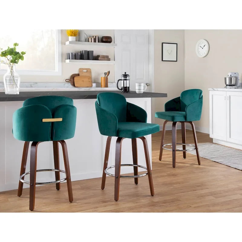 Sgabello da bancone rivestito Dahlia con gambe in legno di noce