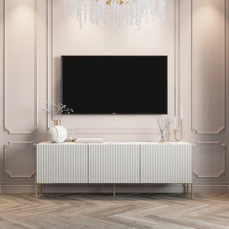 Mobile TV Selline Beige in legno con armadietti di contenimento