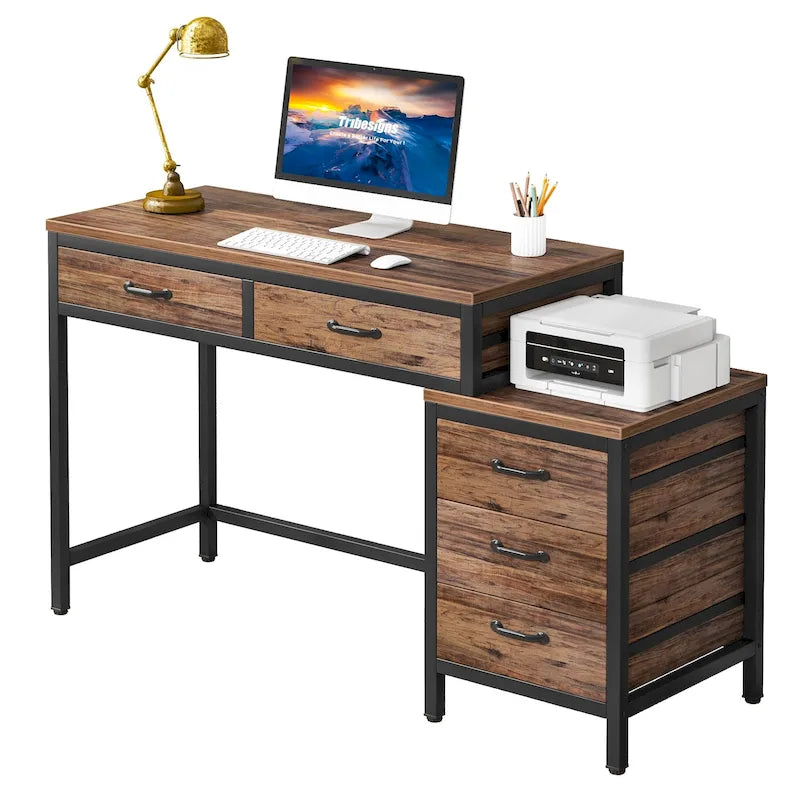 Scrivania per computer con 5 cassetti, Scrivania da studio con schedario reversibile per ufficio domestico