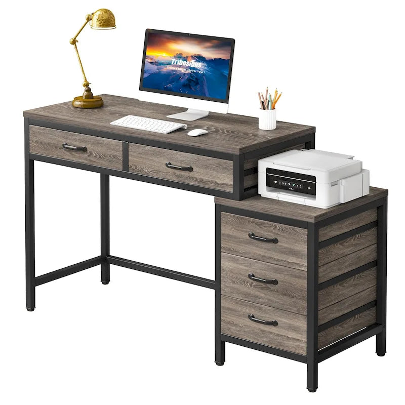 Scrivania per computer con 5 cassetti, Scrivania da studio con schedario reversibile per ufficio domestico