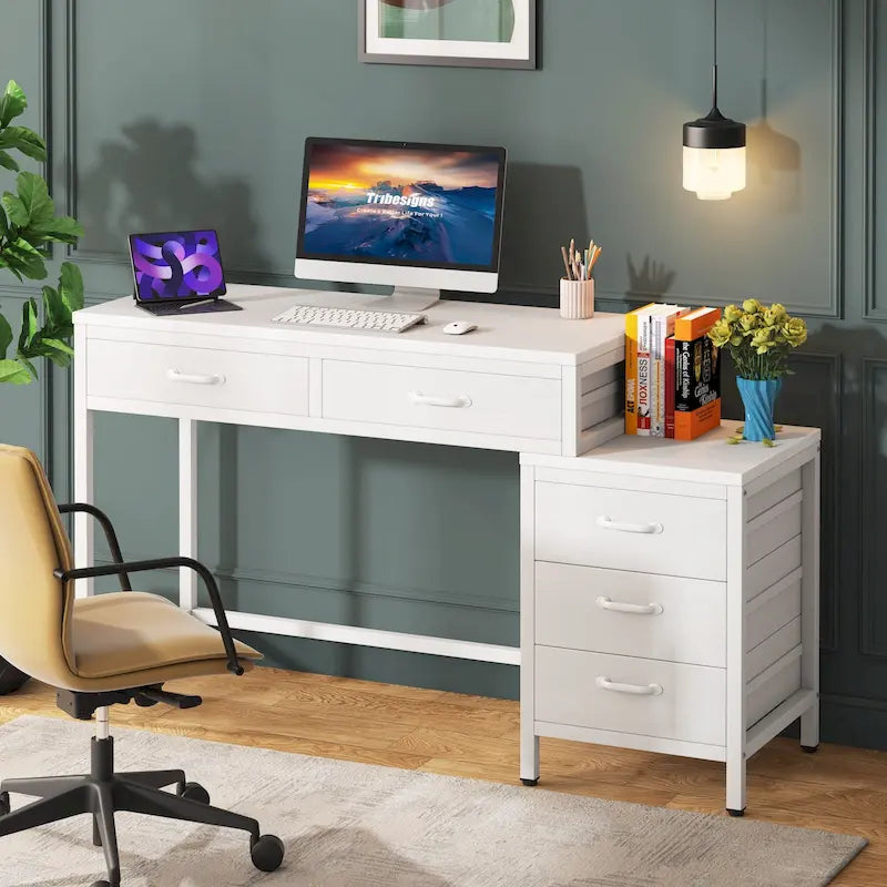 Scrivania per computer con 5 cassetti, Scrivania da studio con schedario reversibile per ufficio domestico