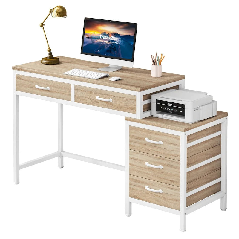 Scrivania per computer con 5 cassetti, Scrivania da studio con schedario reversibile per ufficio domestico