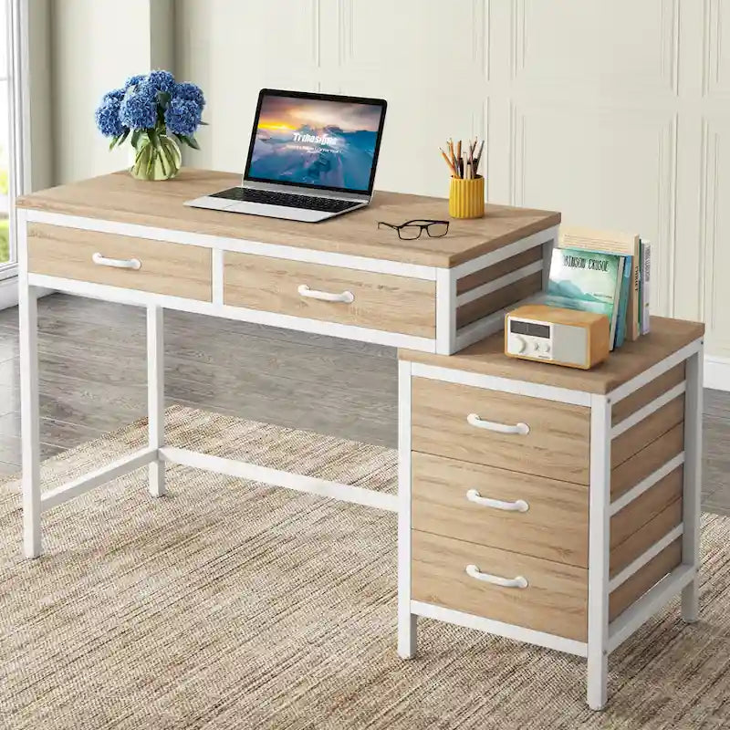 Scrivania per computer con 5 cassetti, Scrivania da studio con schedario reversibile per ufficio domestico