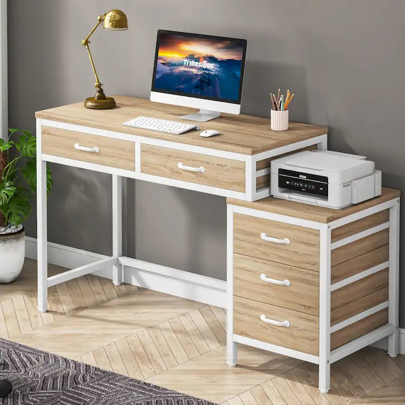 Scrivania per computer con 5 cassetti, Scrivania da studio con schedario reversibile per ufficio domestico