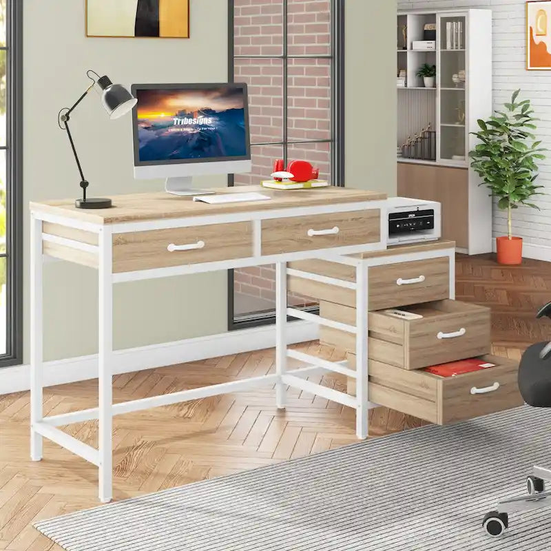 Scrivania per computer con 5 cassetti, Scrivania da studio con schedario reversibile per ufficio domestico