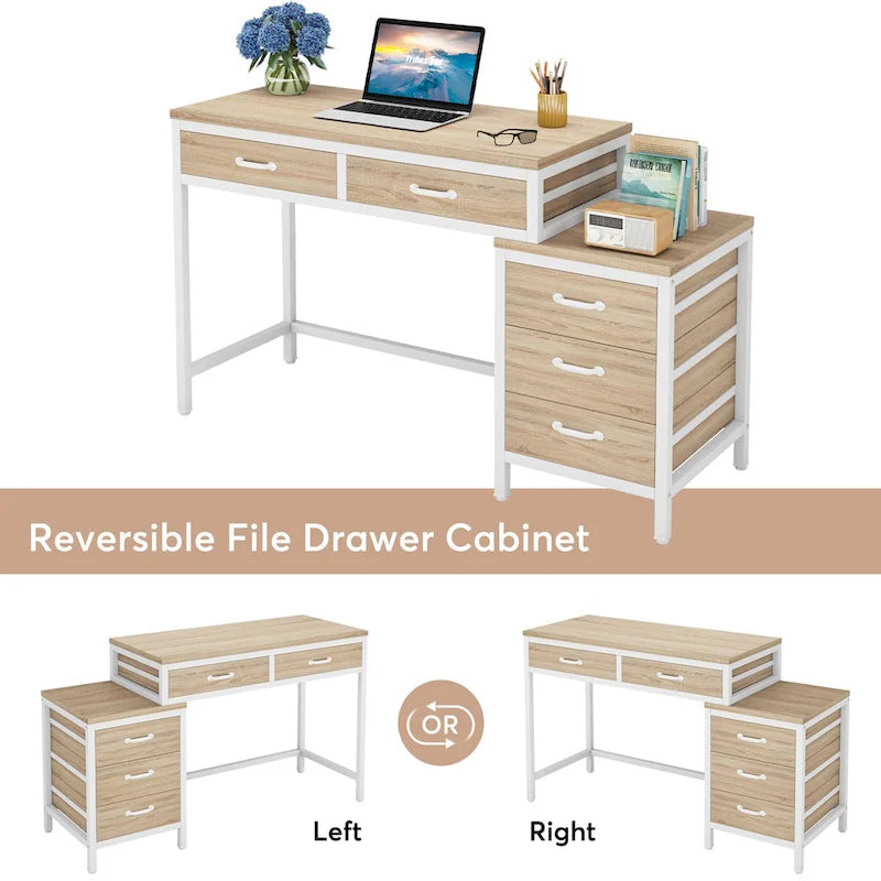 Scrivania per computer con 5 cassetti, Scrivania da studio con schedario reversibile per ufficio domestico