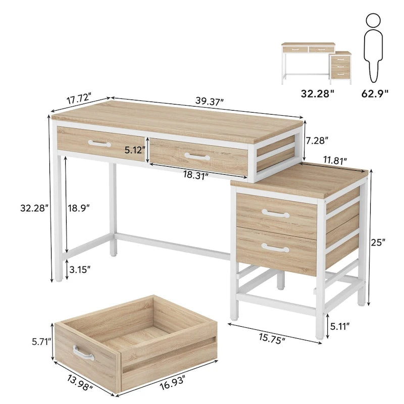 Scrivania per computer con 5 cassetti, Scrivania da studio con schedario reversibile per ufficio domestico