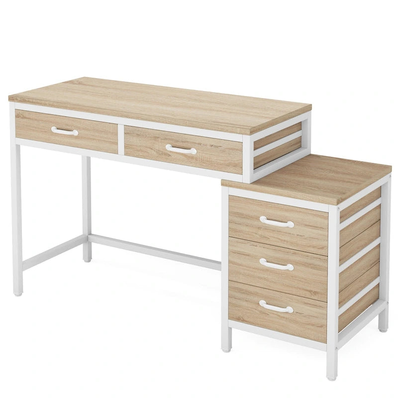 Scrivania per computer con 5 cassetti, Scrivania da studio con schedario reversibile per ufficio domestico