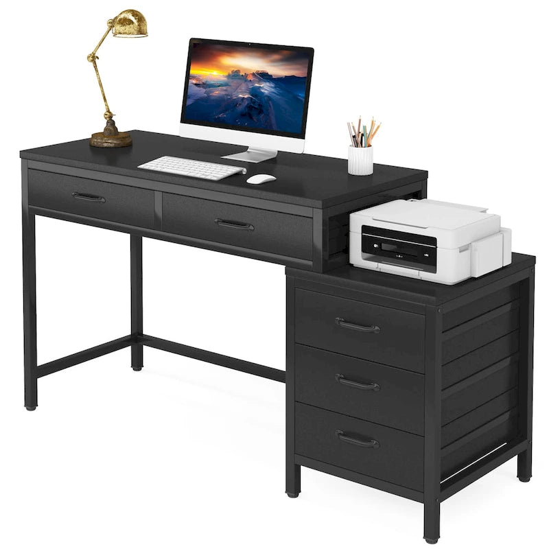 Scrivania per computer con 5 cassetti, Scrivania da studio con schedario reversibile per ufficio domestico