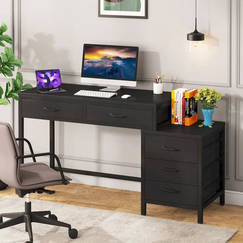 Scrivania per computer con 5 cassetti, Scrivania da studio con schedario reversibile per ufficio domestico
