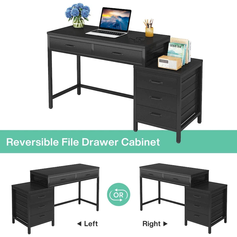 Scrivania per computer con 5 cassetti, Scrivania da studio con schedario reversibile per ufficio domestico