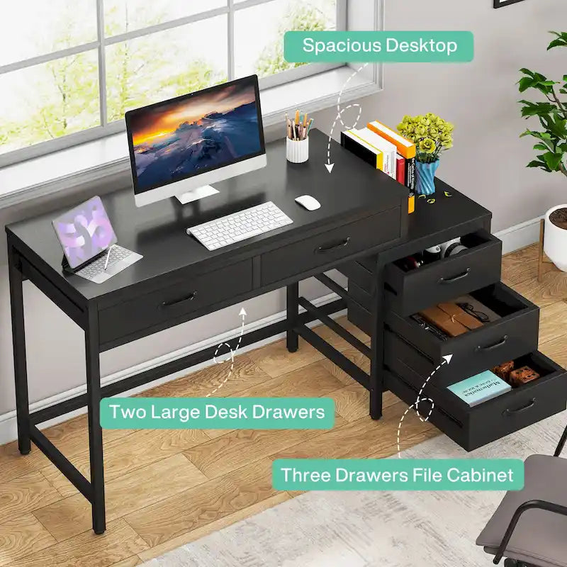 Scrivania per computer con 5 cassetti, Scrivania da studio con schedario reversibile per ufficio domestico