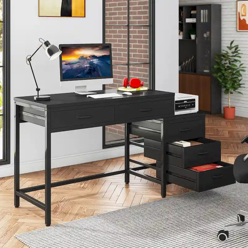 Scrivania per computer con 5 cassetti, Scrivania da studio con schedario reversibile per ufficio domestico