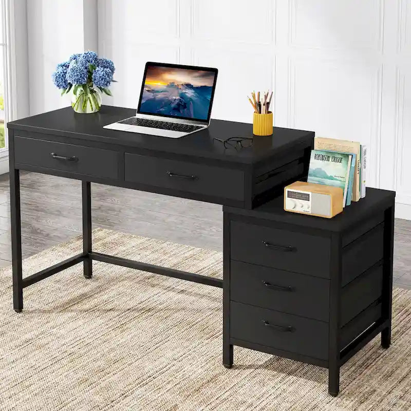 Scrivania per computer con 5 cassetti, Scrivania da studio con schedario reversibile per ufficio domestico