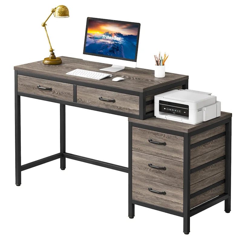 Scrivania per computer con 5 cassetti, Scrivania da studio con schedario reversibile per ufficio domestico