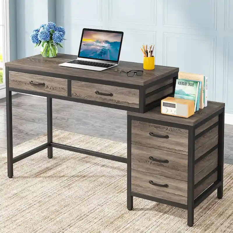 Scrivania per computer con 5 cassetti, Scrivania da studio con schedario reversibile per ufficio domestico