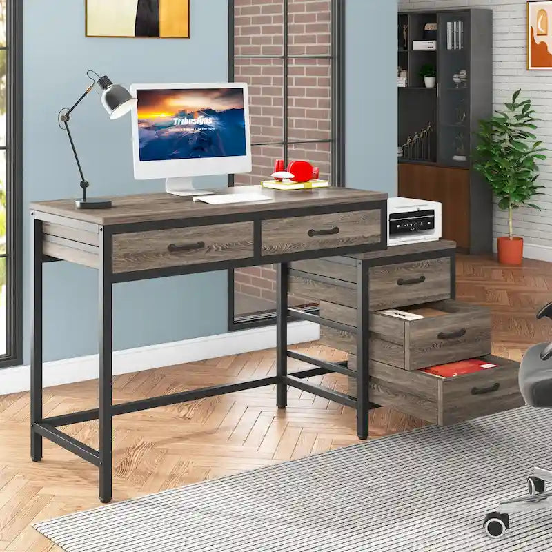 Scrivania per computer con 5 cassetti, Scrivania da studio con schedario reversibile per ufficio domestico