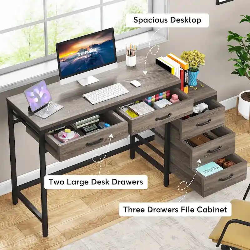 Scrivania per computer con 5 cassetti, Scrivania da studio con schedario reversibile per ufficio domestico