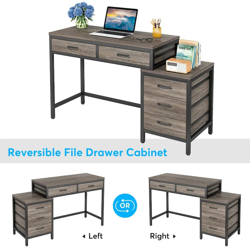 Scrivania per computer con 5 cassetti, Scrivania da studio con schedario reversibile per ufficio domestico