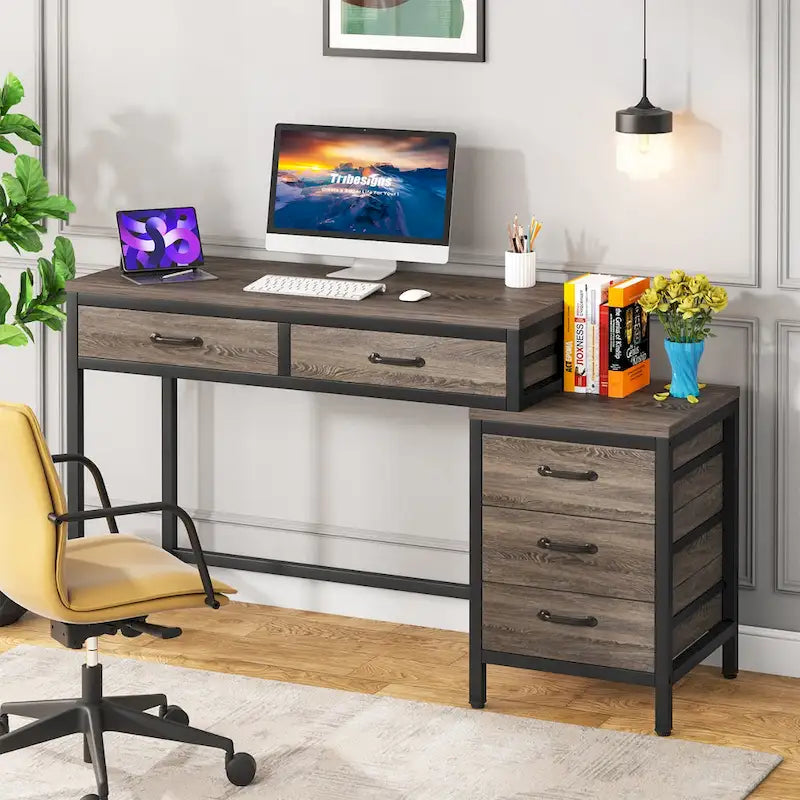 Scrivania per computer con 5 cassetti, Scrivania da studio con schedario reversibile per ufficio domestico
