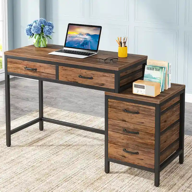 Scrivania per computer con 5 cassetti, Scrivania da studio con schedario reversibile per ufficio domestico