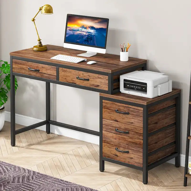 Scrivania per computer con 5 cassetti, Scrivania da studio con schedario reversibile per ufficio domestico