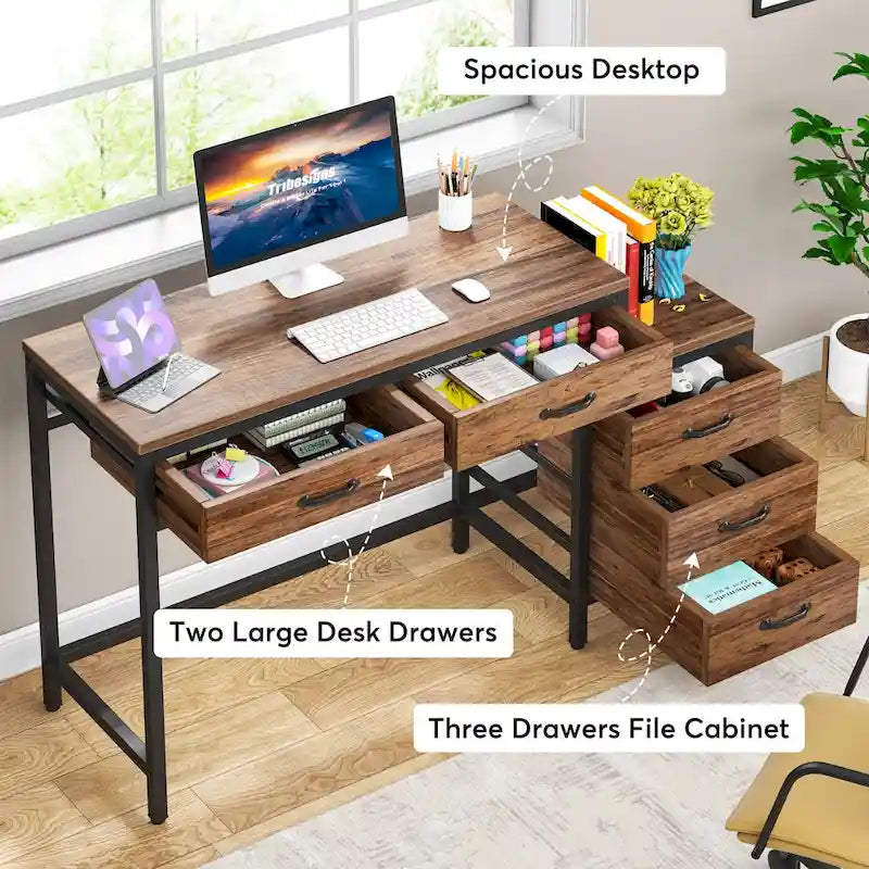 Scrivania per computer con 5 cassetti, Scrivania da studio con schedario reversibile per ufficio domestico