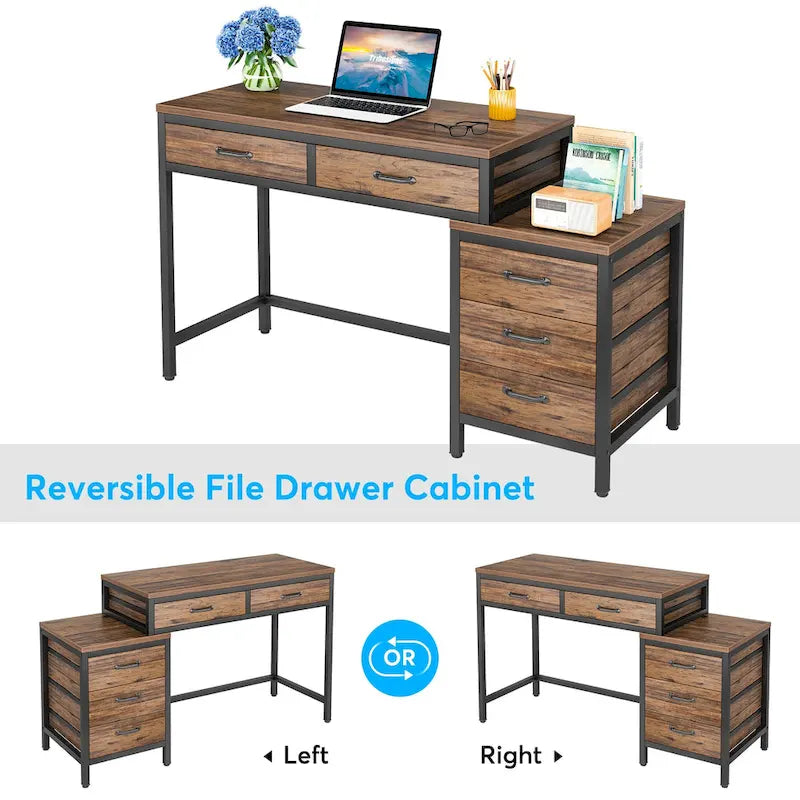 Scrivania per computer con 5 cassetti, Scrivania da studio con schedario reversibile per ufficio domestico