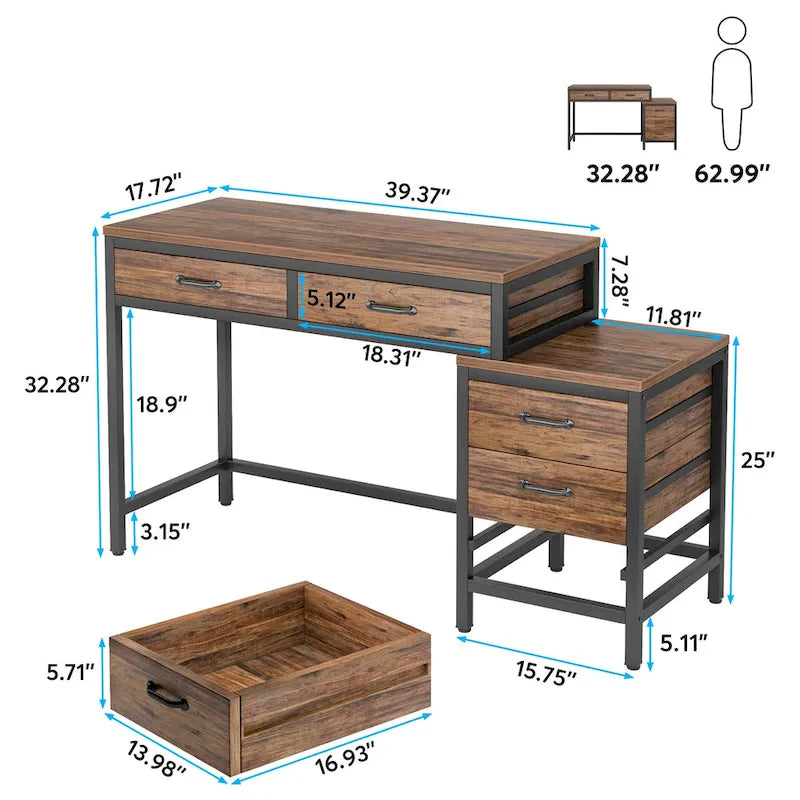 Scrivania per computer con 5 cassetti, Scrivania da studio con schedario reversibile per ufficio domestico