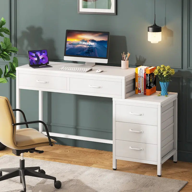 Scrivania per computer con 5 cassetti, Scrivania da studio con schedario reversibile per ufficio domestico
