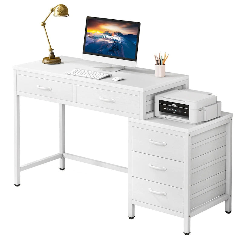 Scrivania per computer con 5 cassetti, Scrivania da studio con schedario reversibile per ufficio domestico