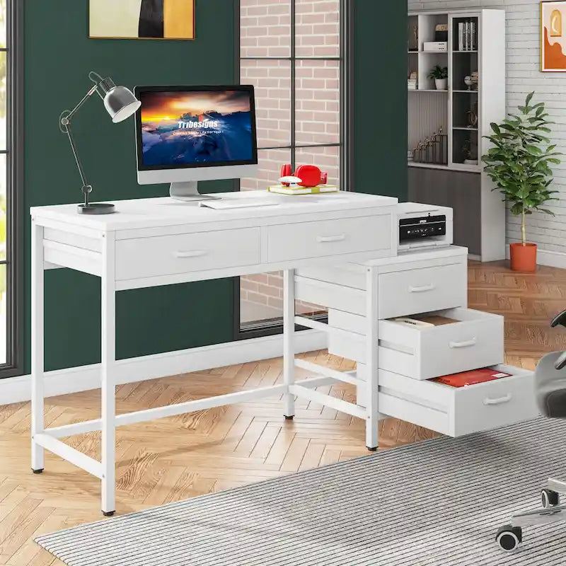 Scrivania per computer con 5 cassetti, Scrivania da studio con schedario reversibile per ufficio domestico
