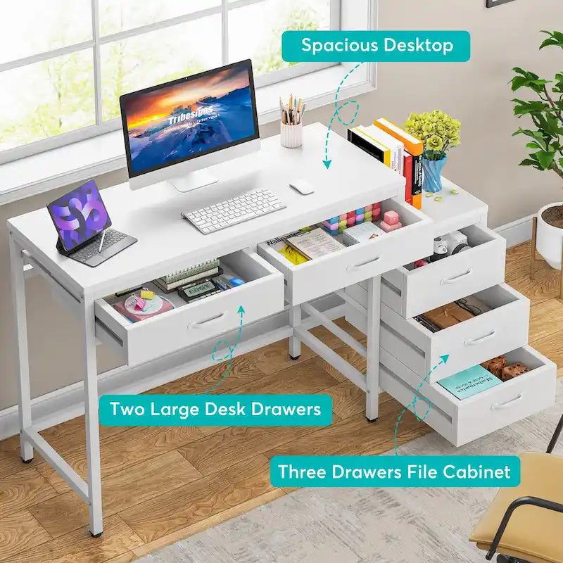 Scrivania per computer con 5 cassetti, Scrivania da studio con schedario reversibile per ufficio domestico
