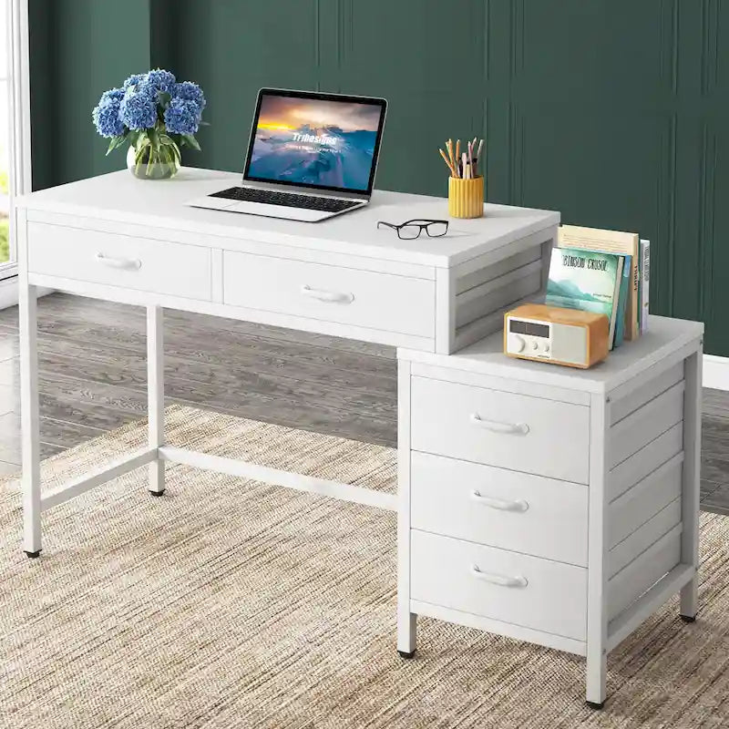 Scrivania per computer con 5 cassetti, Scrivania da studio con schedario reversibile per ufficio domestico