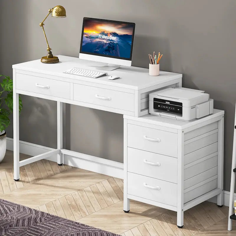 Scrivania per computer con 5 cassetti, Scrivania da studio con schedario reversibile per ufficio domestico