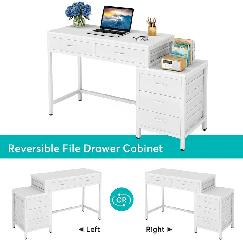 Scrivania per computer con 5 cassetti, Scrivania da studio con schedario reversibile per ufficio domestico