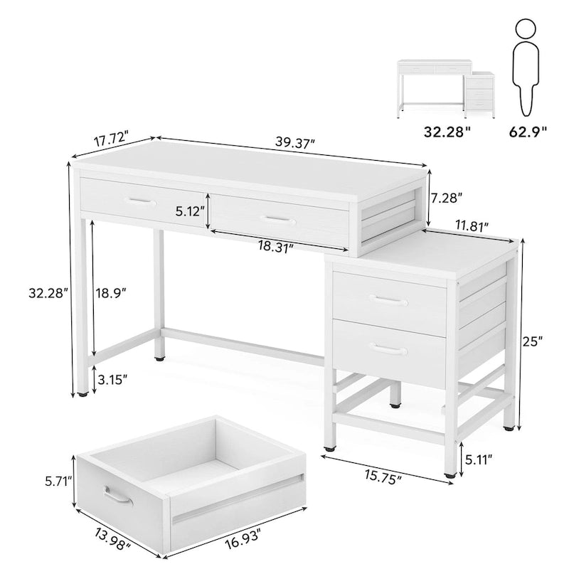 Scrivania per computer con 5 cassetti, Scrivania da studio con schedario reversibile per ufficio domestico