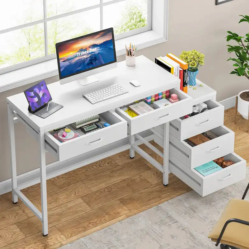 Scrivania per computer con 5 cassetti, Scrivania da studio con schedario reversibile per ufficio domestico