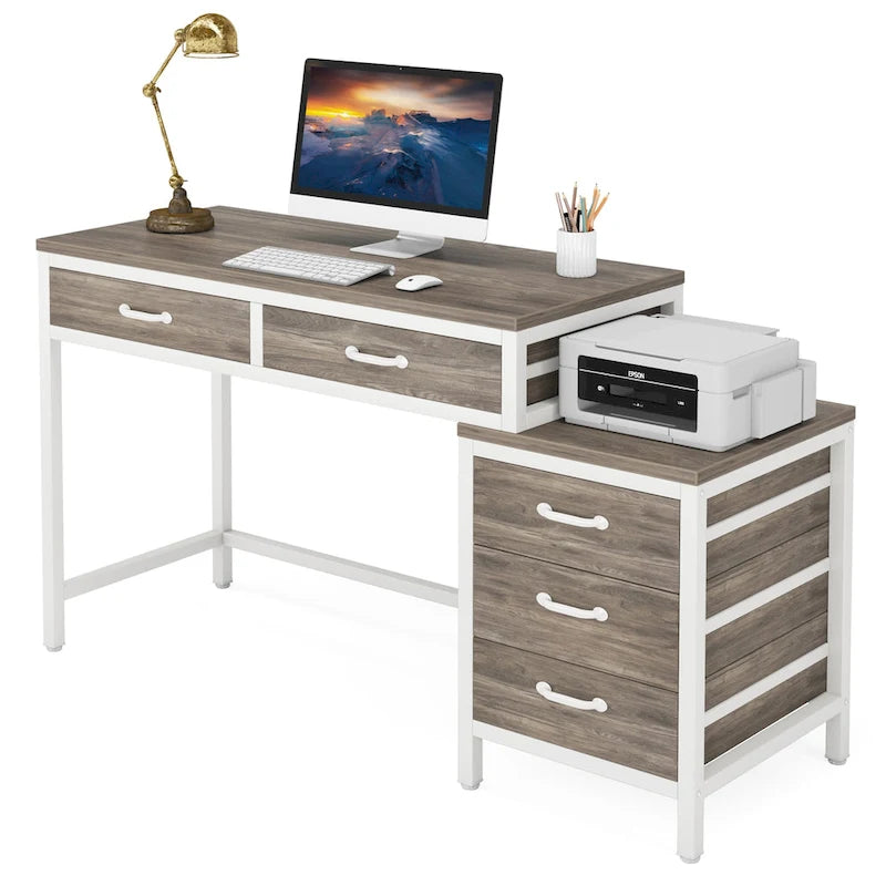 Scrivania per computer con 5 cassetti, Scrivania da studio con schedario reversibile per ufficio domestico