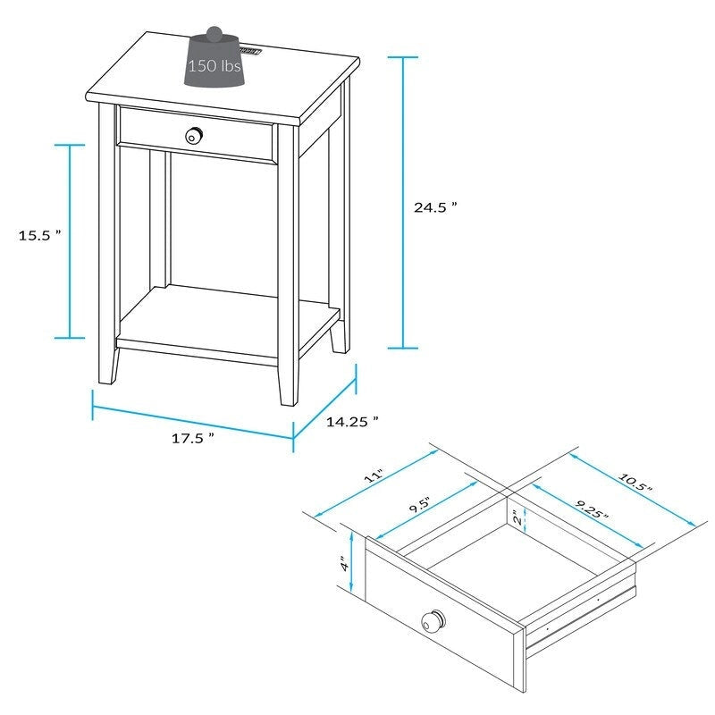 Comodino a 1 cassetto in legno massello con ripiano a giorno